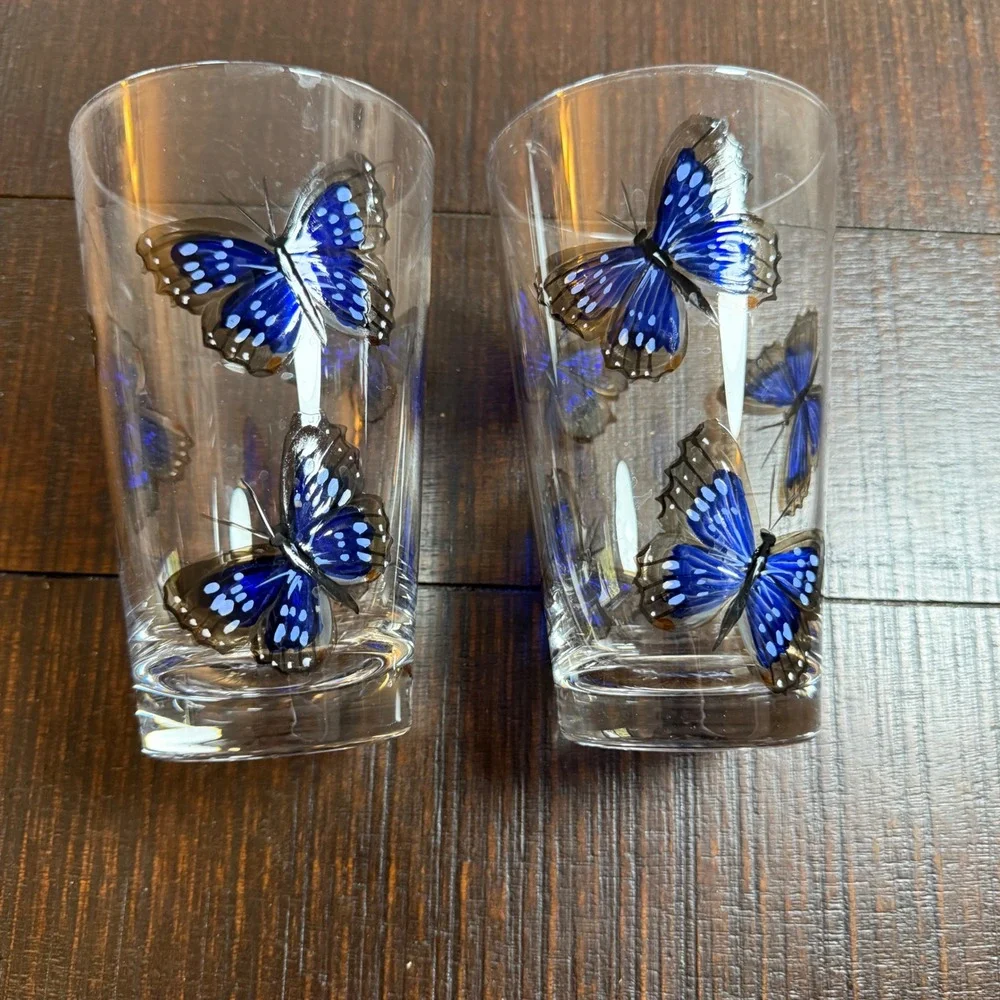 Painted Blue Butterfly Set‎ of 2 Nature Inspired Drinking Pint Glasses Fairycore